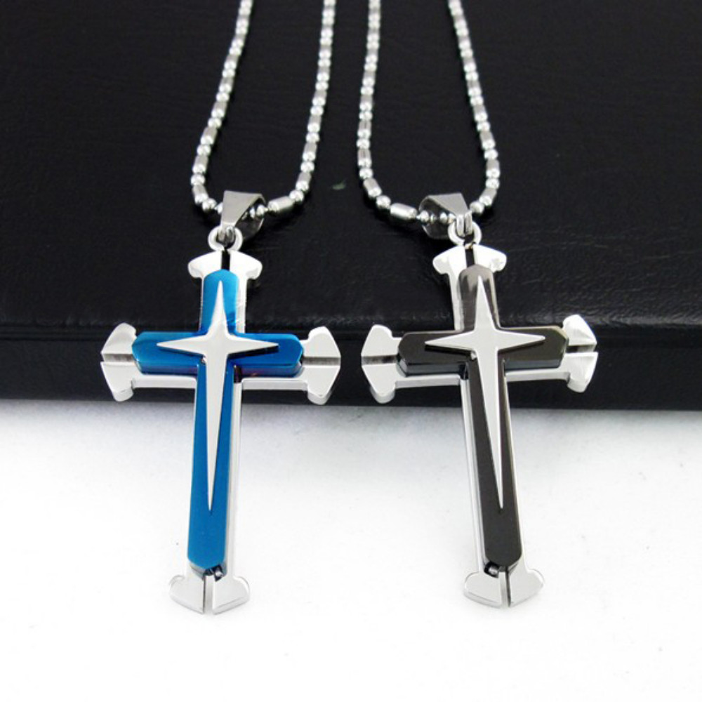 New Unisex’s Men’s Women Silver Blue Stainless Steel Cross Pendant Necklace Gift