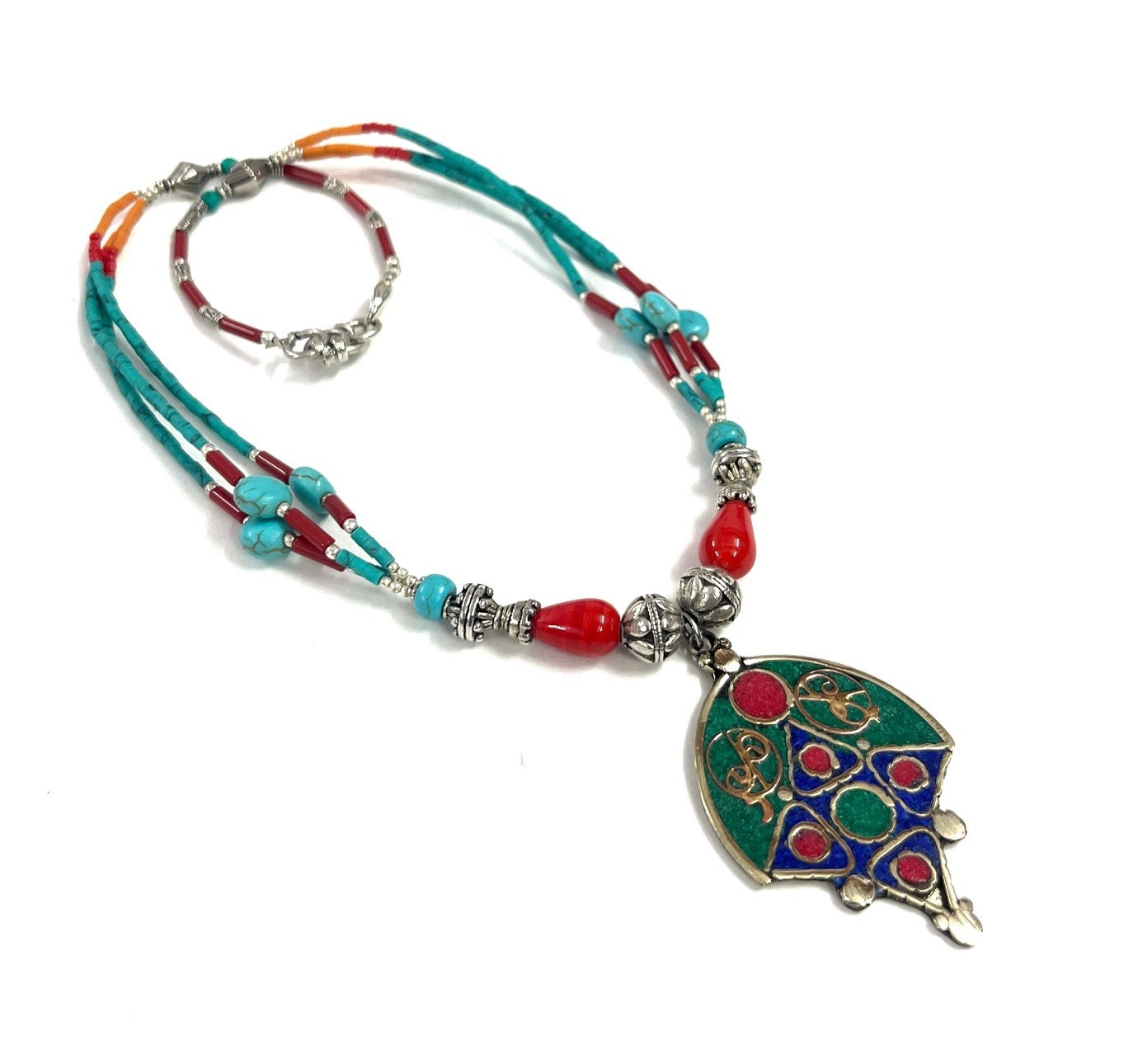 Malachite Turquoise Coral Gemstone Tibetan Pendant Necklace Jewelry, 18 Inc Adjs