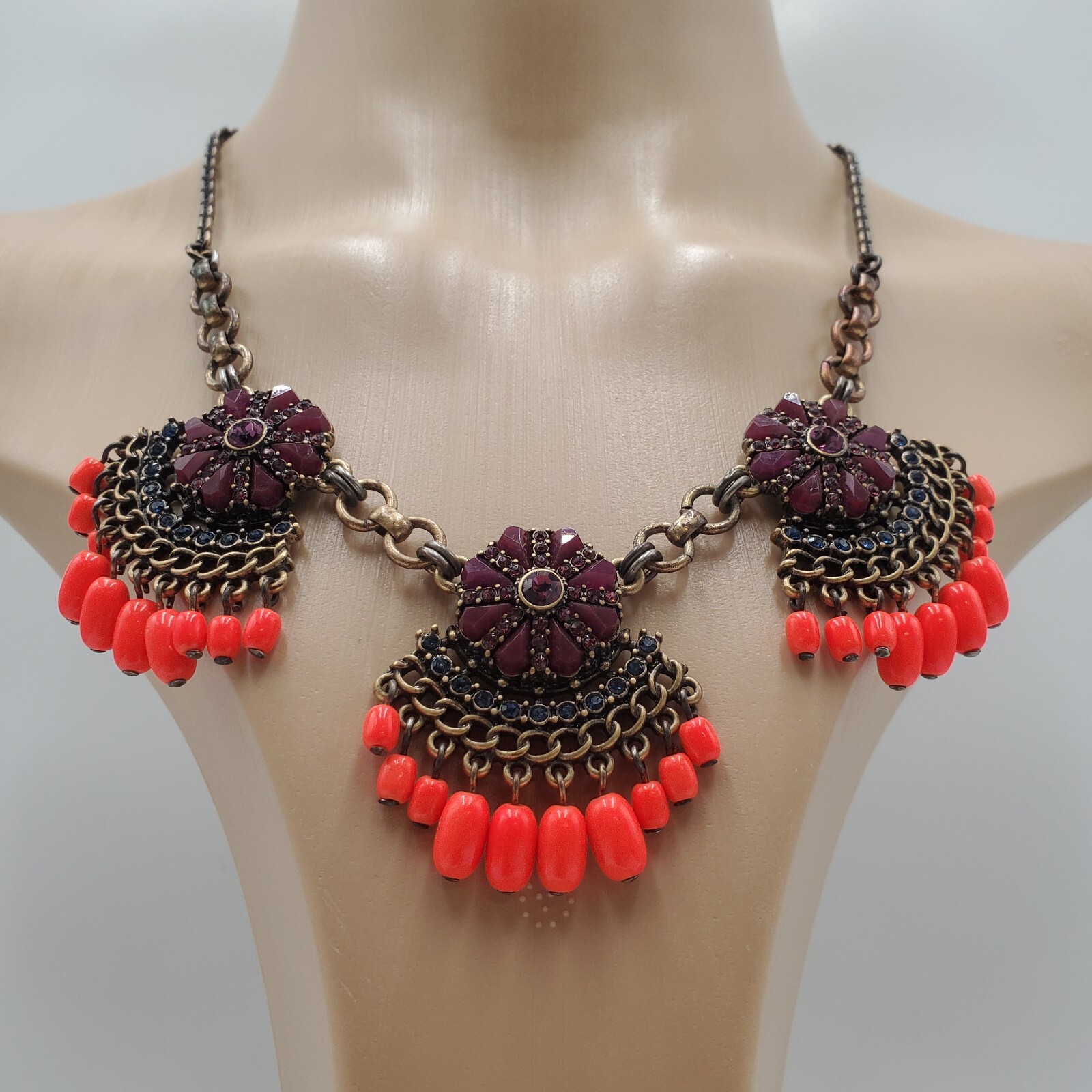 J Crew Necklace 18in +3 Brass Tone Neon Orange Bead Purple Crystals READ Flaw