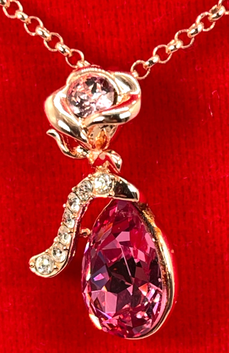 Necklace Rose Gold Tone Bright Pink Teardrop Crystal w/Rose Accent 16″ + 2′