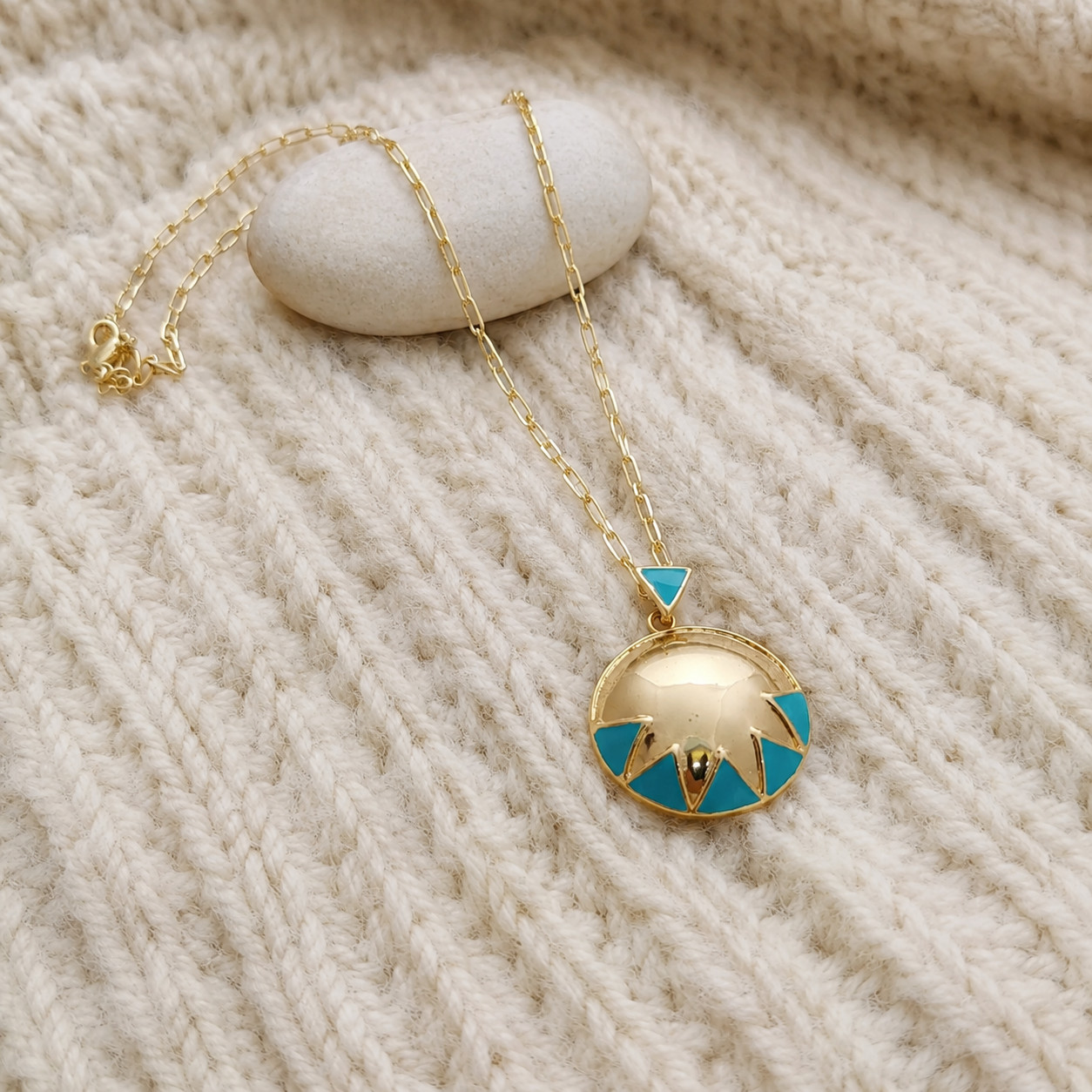 turquoise Enameled Necklace Brass Metal Pendant necklace for gift