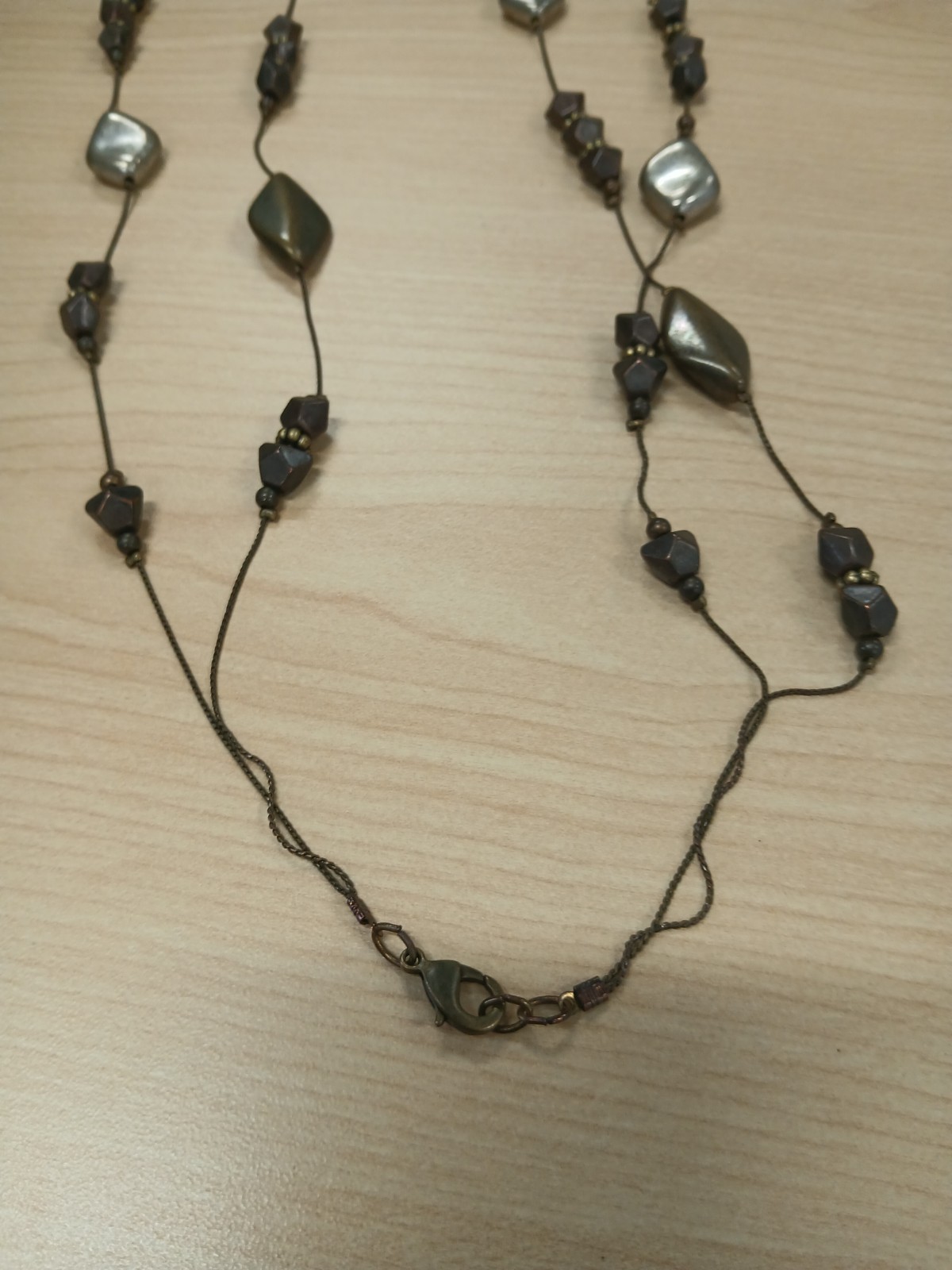 Layered Multi-Strand Beaded Cord Necklace Bronze Silver Black Lobster 36 in