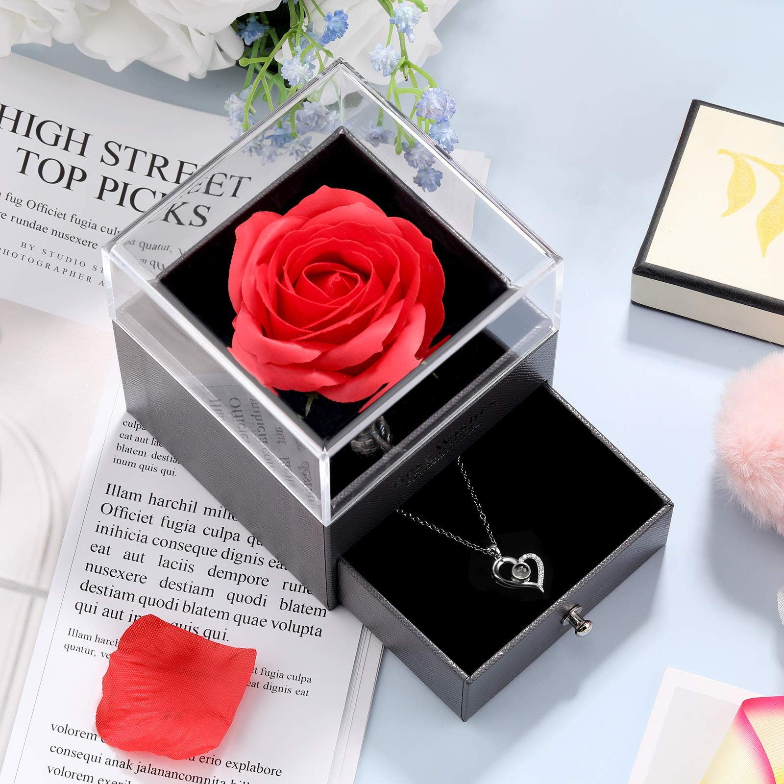 Women Gifts Ideas for Valentines Day, Preserved Forever Rose Gift with Necklace*