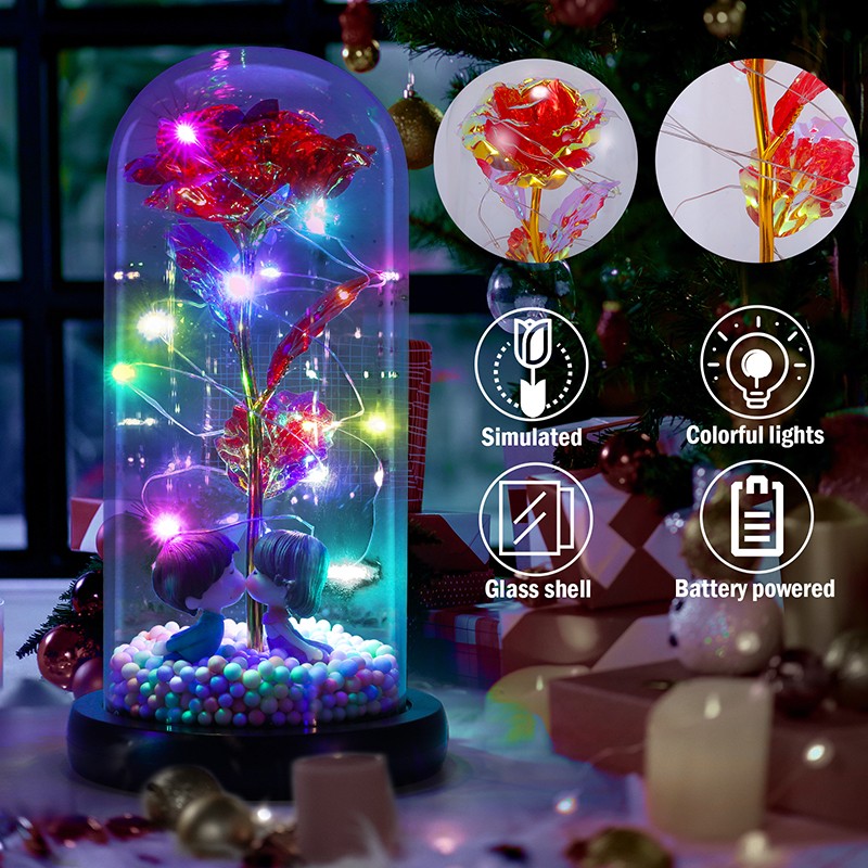 Enchanted Eternal Rose Flower In Glass Dome LED Light Valentine’s Day Gift +Box