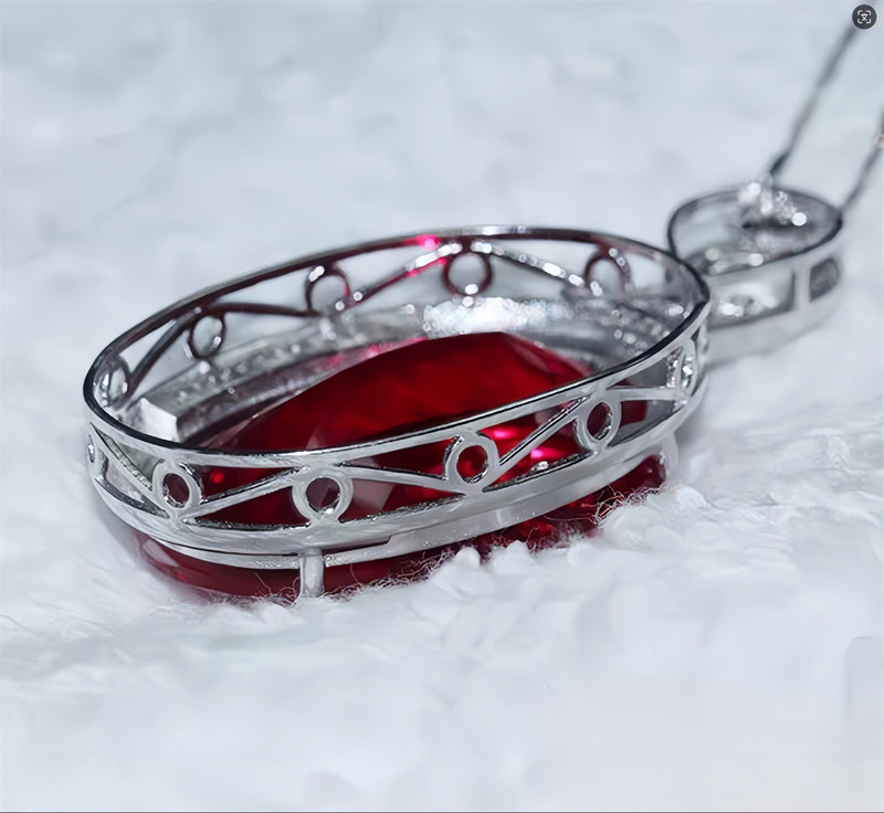 Top Big Oval Pigeon Blood Red Ruby Lab-Created Sterling Silver Pendant Necklace