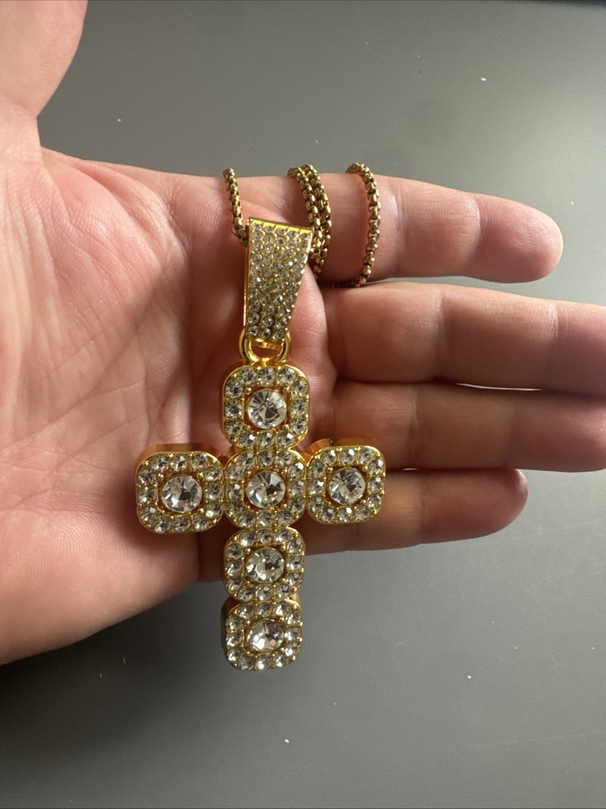 Gold Plated Cross Pendant Cubic Zirconia 24 Inch Necklace Unisex Hip Hop Gift