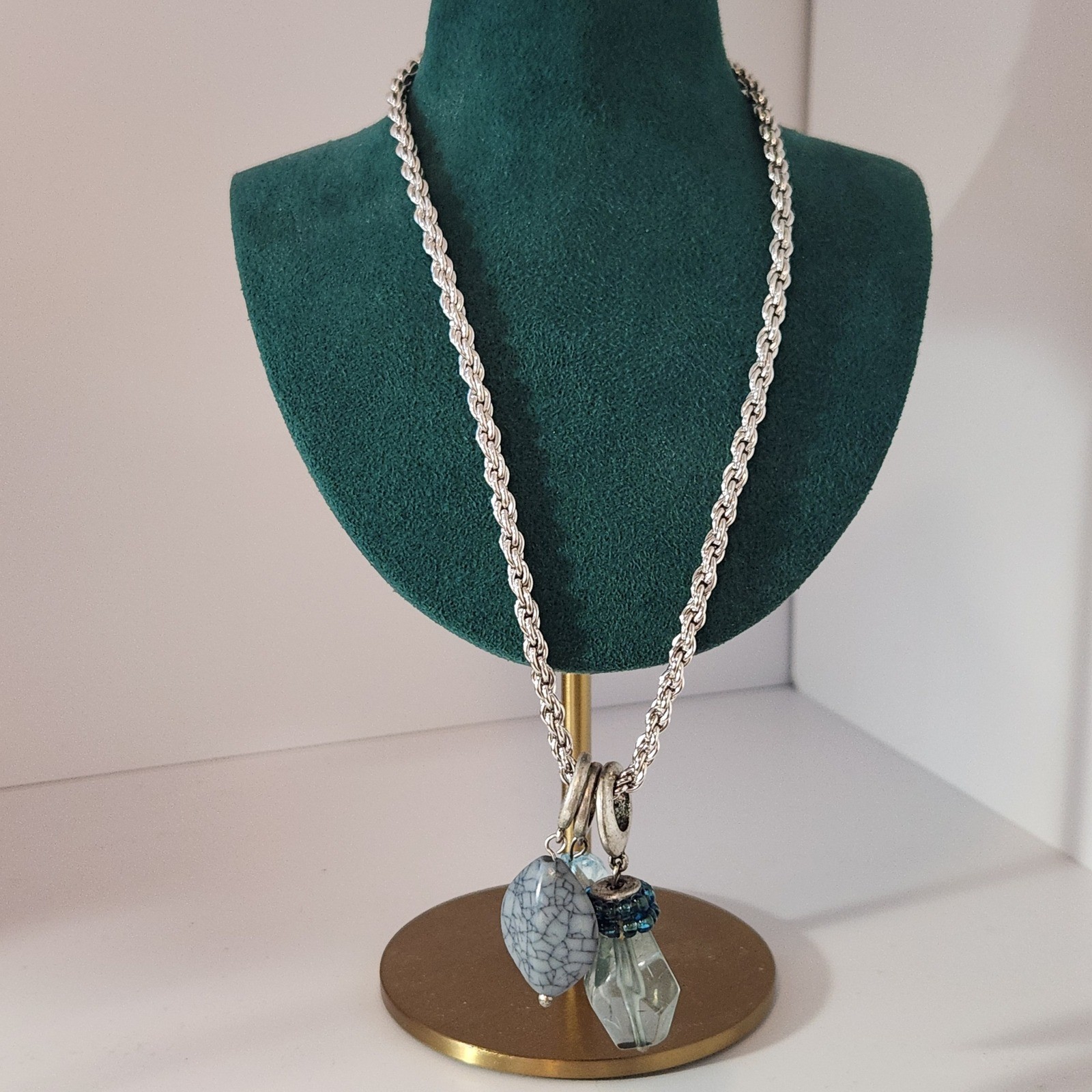 Unbrand Silver Tone Rope Chain Multi Charm Necklace Blue Stone Glass Beads