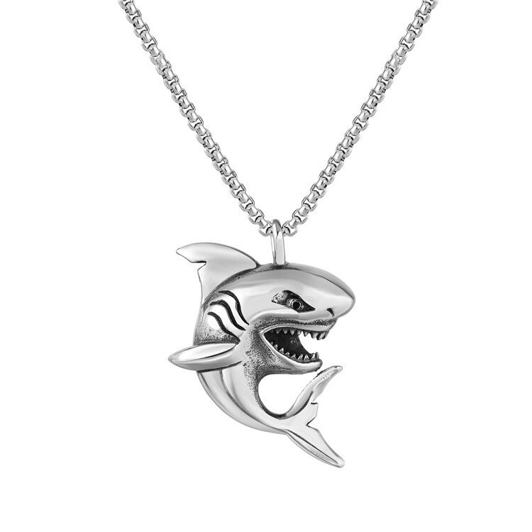 Mens Boys Girls Shark Fish Pendant Necklace Stainless Steel Chain Set