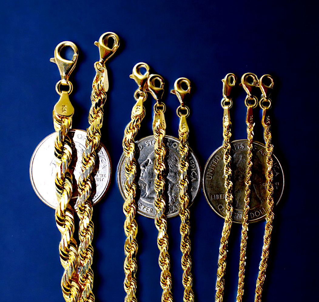 14K Yellow Gold Rope Chain Necklace Diamond Cut Real Gold 1mm-10mm 16″-30″
