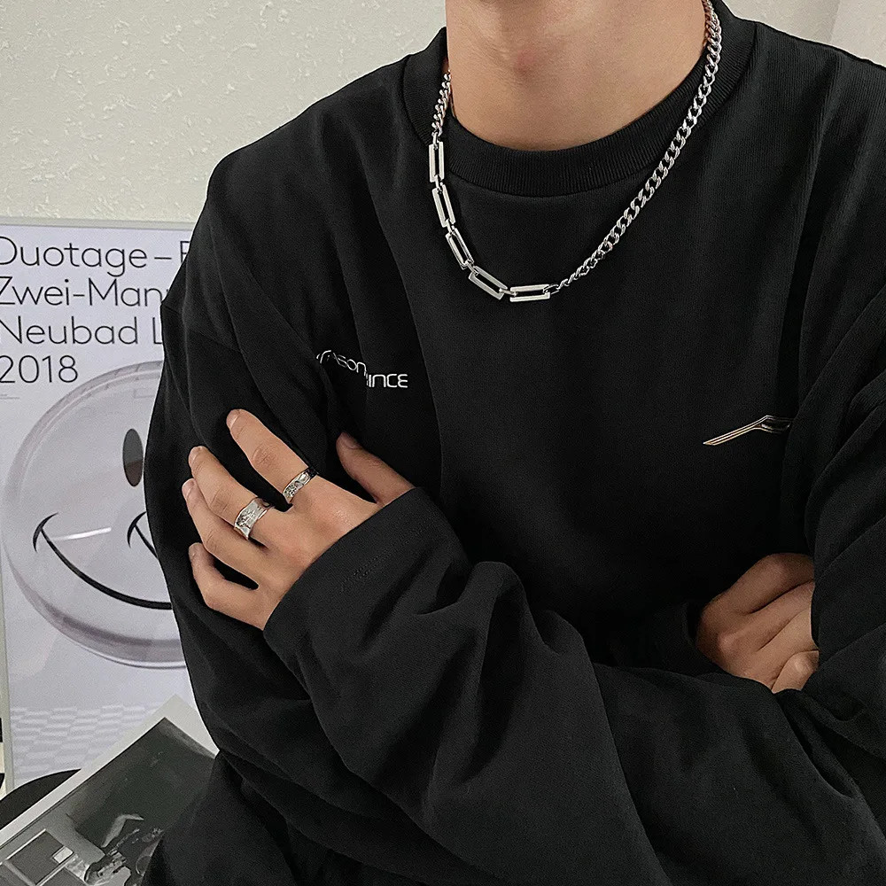 316L Stainless Steel Two Tone Chain Necklace for Men Black Square Tag
