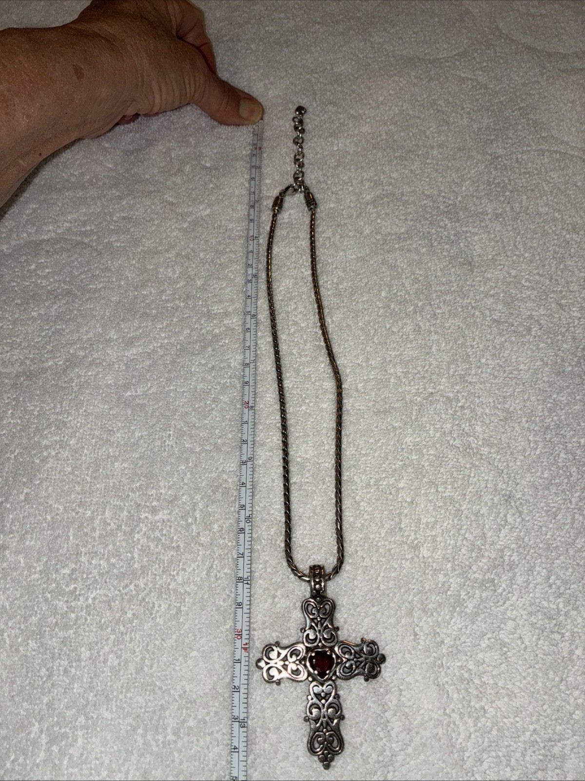 Beautiful BRIGHTON SILVER 13-1/2”ENDLESS LOVE CROSS NECKLACE RED CRYSTAL HEART