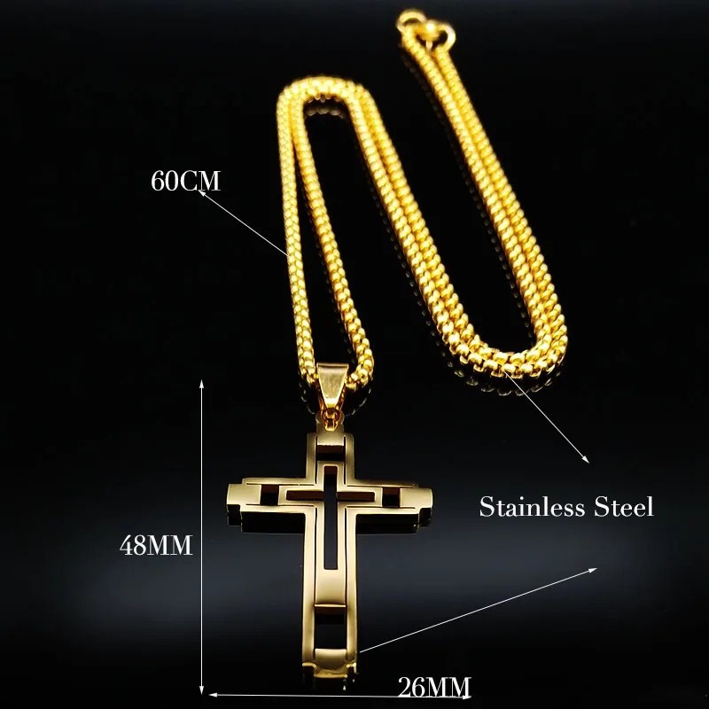 60cm Gold Stainless Steel Cross Necklace for Men Mens Chain Pendant Jewelry Gift