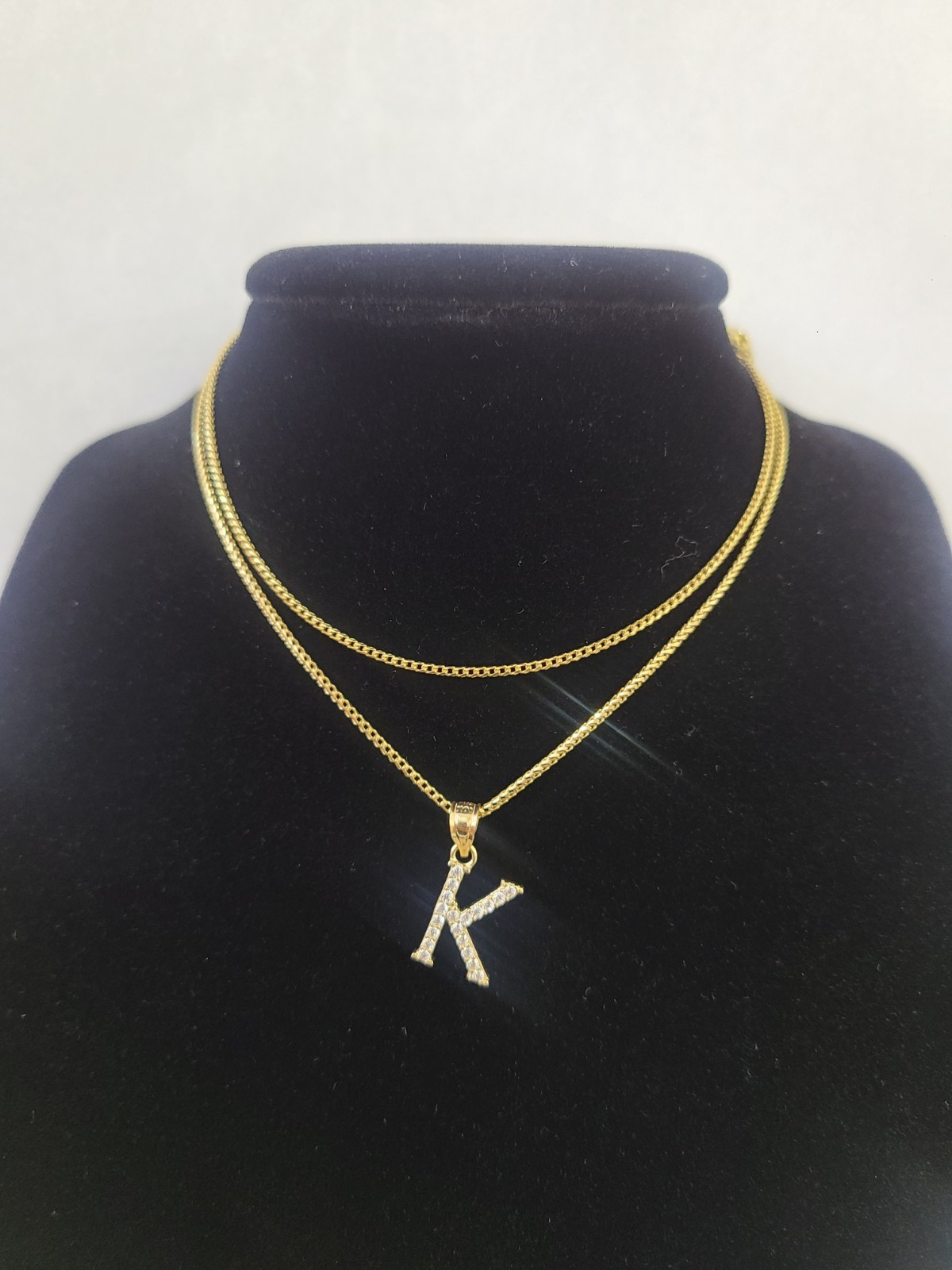 10K Gold Solid Franco Chain K Initial CZ Stone Pendant Set 1mm 16 18 20 22 Women