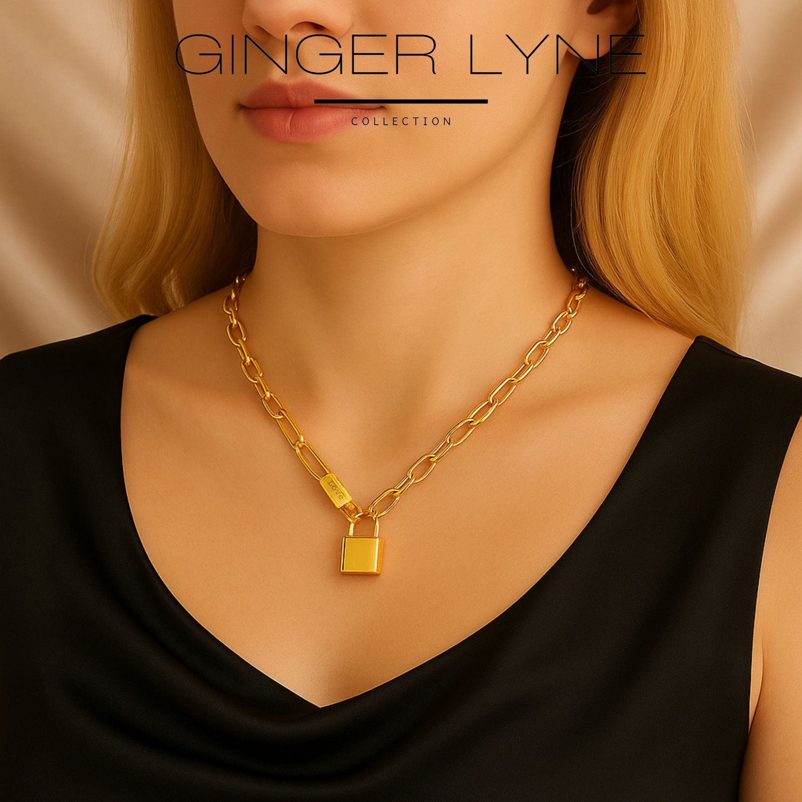 Oval Chain Necklace for Women Lock Pendant 18K Gold Plated Stainless Steel Ad…