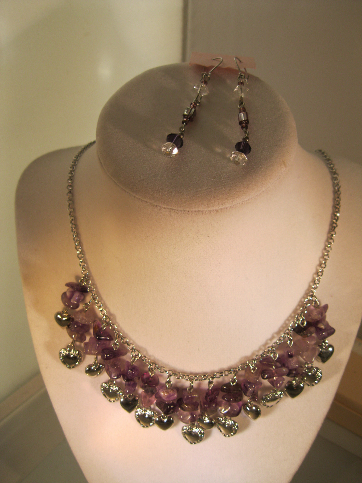 “AMETHYST & SILVER HEART NECKLACE” HANDCRAFTED IN USA! FREE EARRINGS W/PURCHASE!