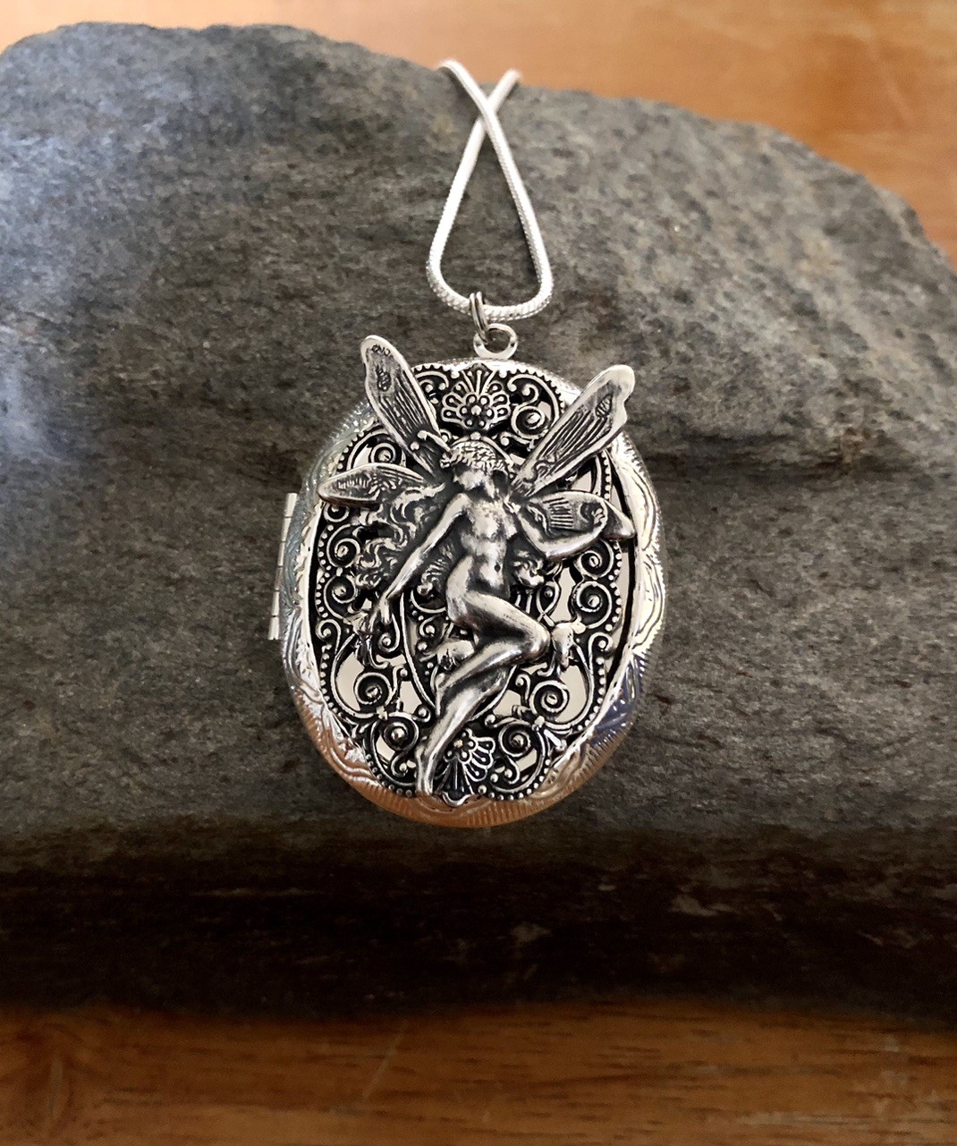Fairy Locket Necklace, Photo Memorial Keepsake Pendant, Sterling Silver Chain