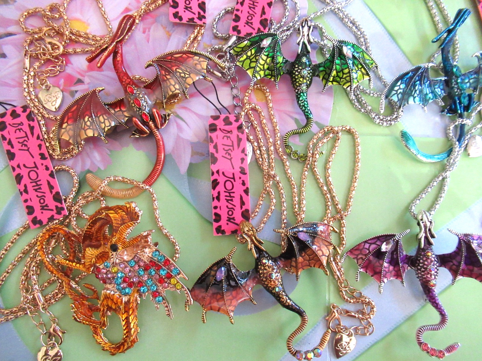LOT OF 6 BETSEY JOHNSON Rhinestone Novelty DRAGON Necklaces / Brooches NWT NEW