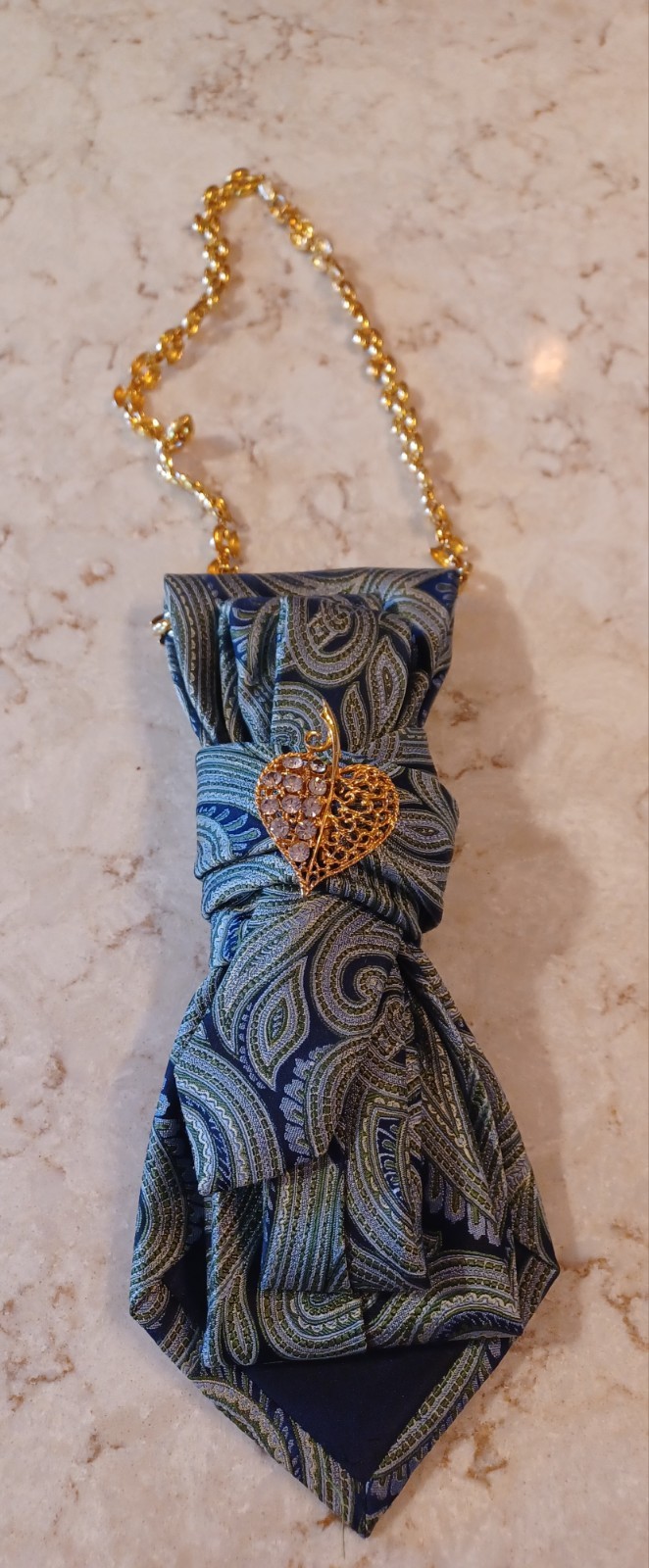 Handcrafted Necktie Necklace Golden Diamond Rhinestone Leaf Brooch