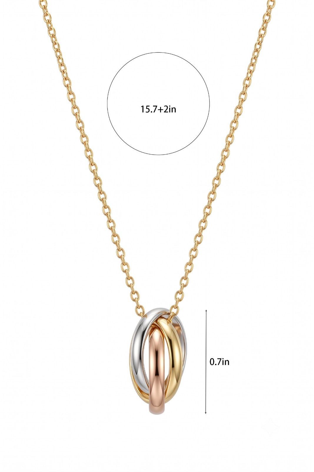 Stainless Steel 18K Gold Plated Tri Color Interlocking Triple Ring Necklace