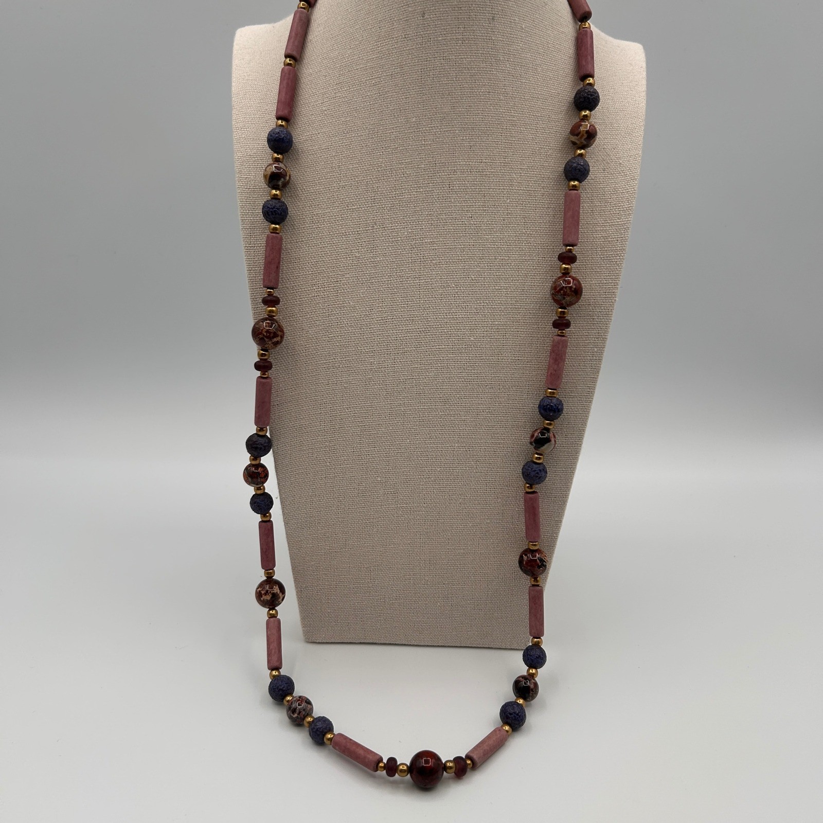 Boho Beaded Necklace Mauve Jasper Lava Rock Gold Tone Barrel Clasp 28″