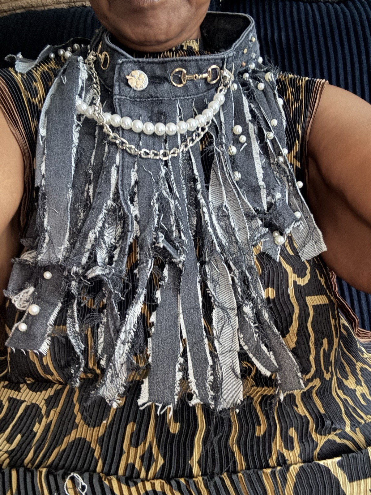 Gray Fabric Bib Statement Necklace w/ White Round Pearl & Crystal, Cable Chain