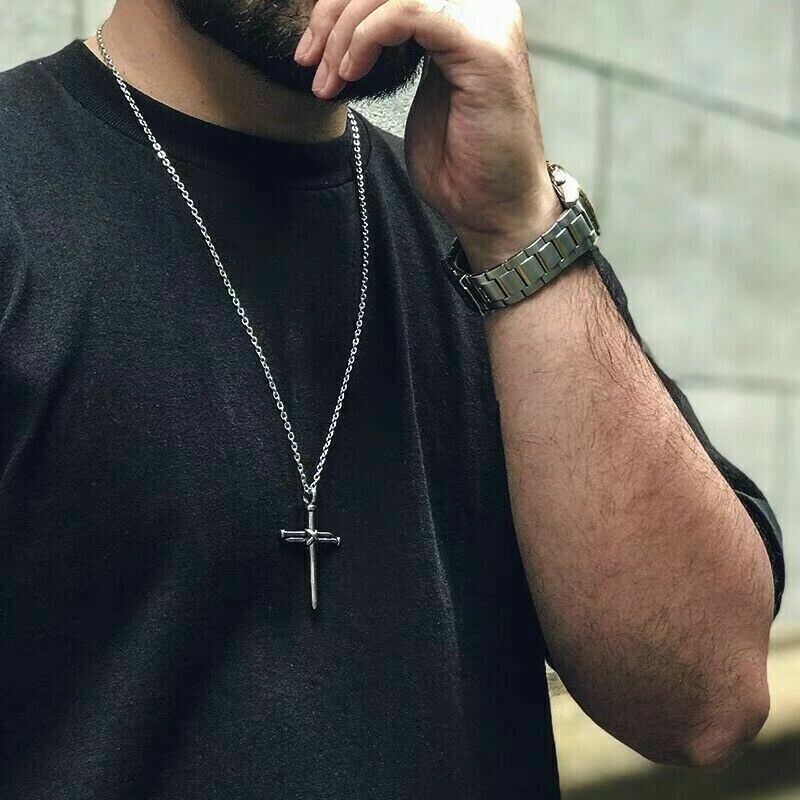Men’s Christ Jesus Nail Rope Cross Pendant Necklace Christian Jewelry Chain 24″