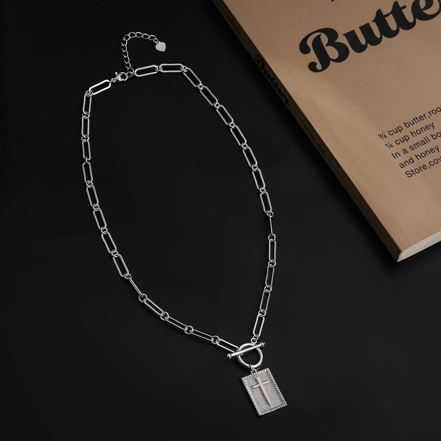 Paperclip Cross Pendant Necklace for Women Gold Toggle Clasp Rectangle Necklace