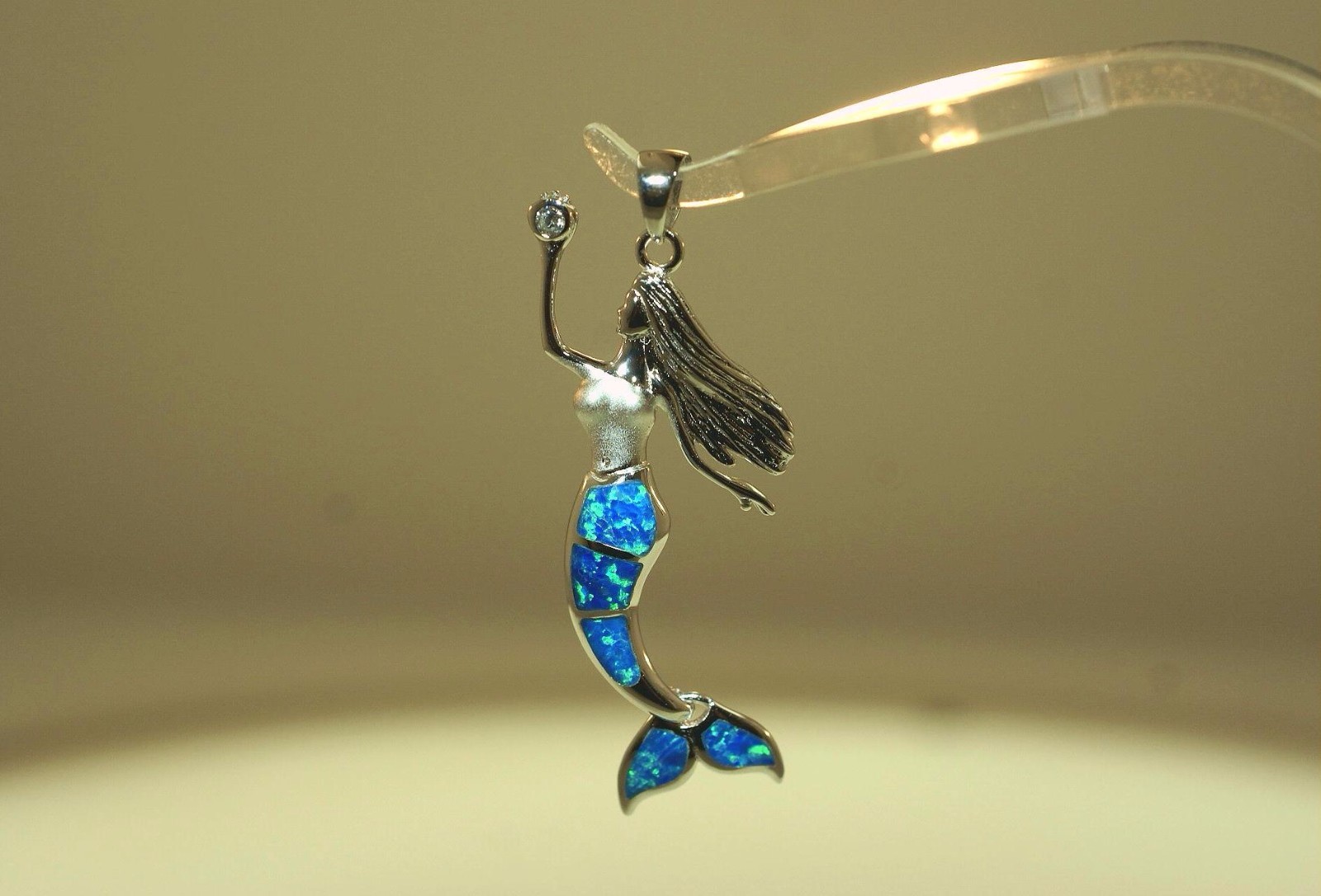 28MM RHODIUM 925 SILVER INLAID BLUE OPAL WIGGLING HAWAIIAN MERMAID CZ PENDANT
