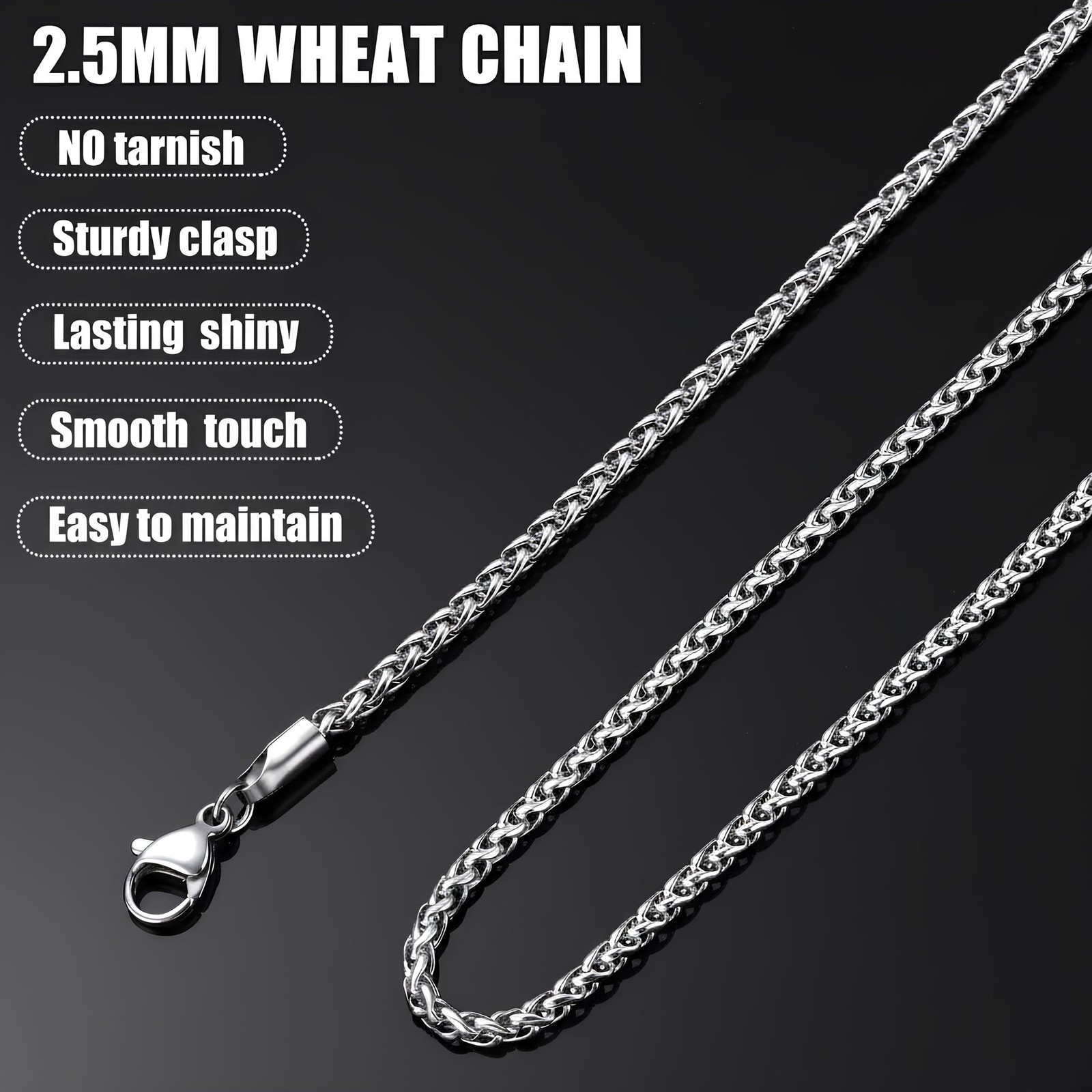 Silver Tone Wheat Chains for Men and Women, 2.5mm Stainless Steel Necklace Ch…