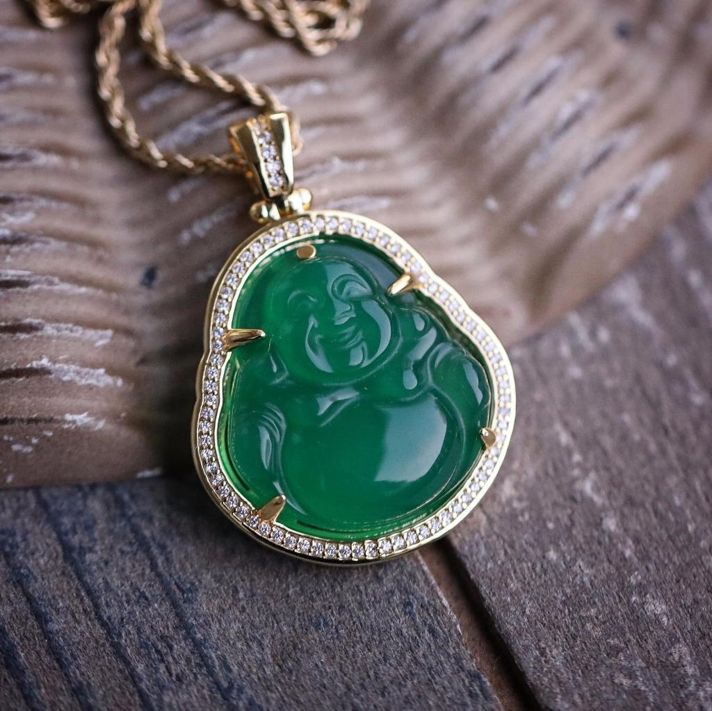 14K Gold Plated Green Jade Buddha Pendant Necklace With Lab Simulated Diamonds