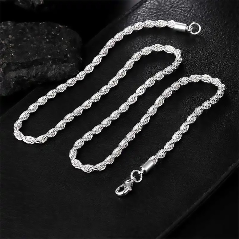 4mm Diamond Cut Solid 925 Sterling Silver Italian Rope Chain Men’s Necklace***