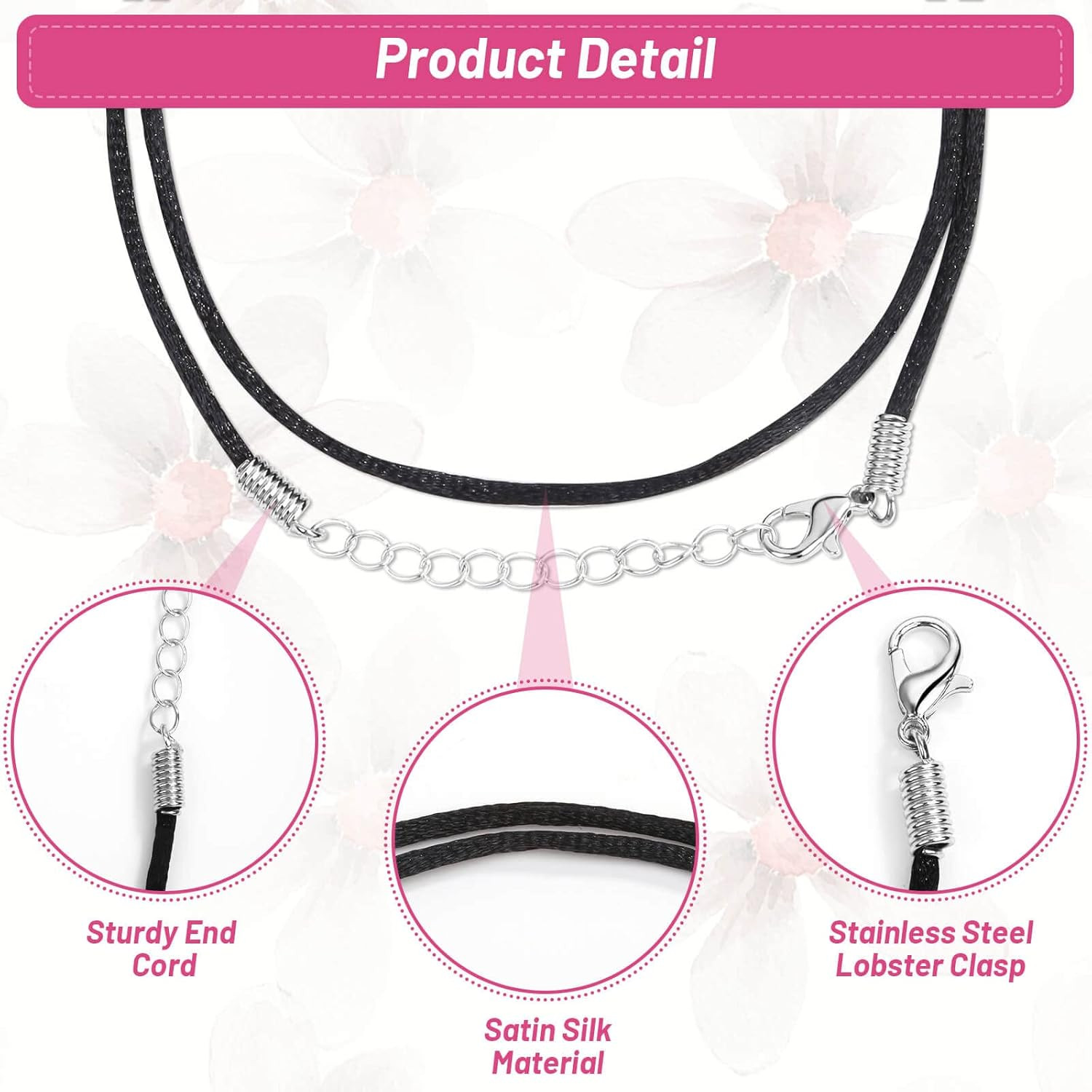 50Pcs Satin Silk Necklace Cord with Lobster Clasp and Extension Chain for Neckla