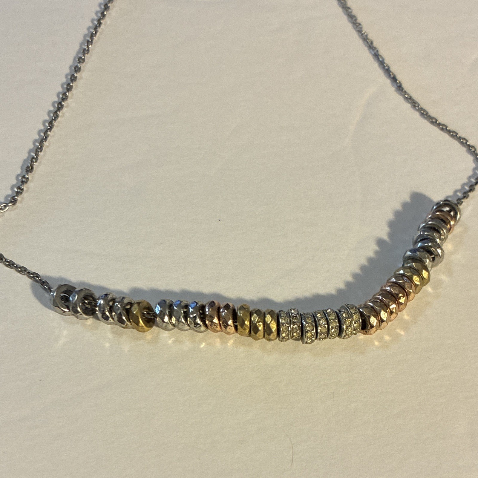 Fossil Two-Tone Crystal Pavé Asymmetrical Bar Pendant Cable Chain Necklace 16″