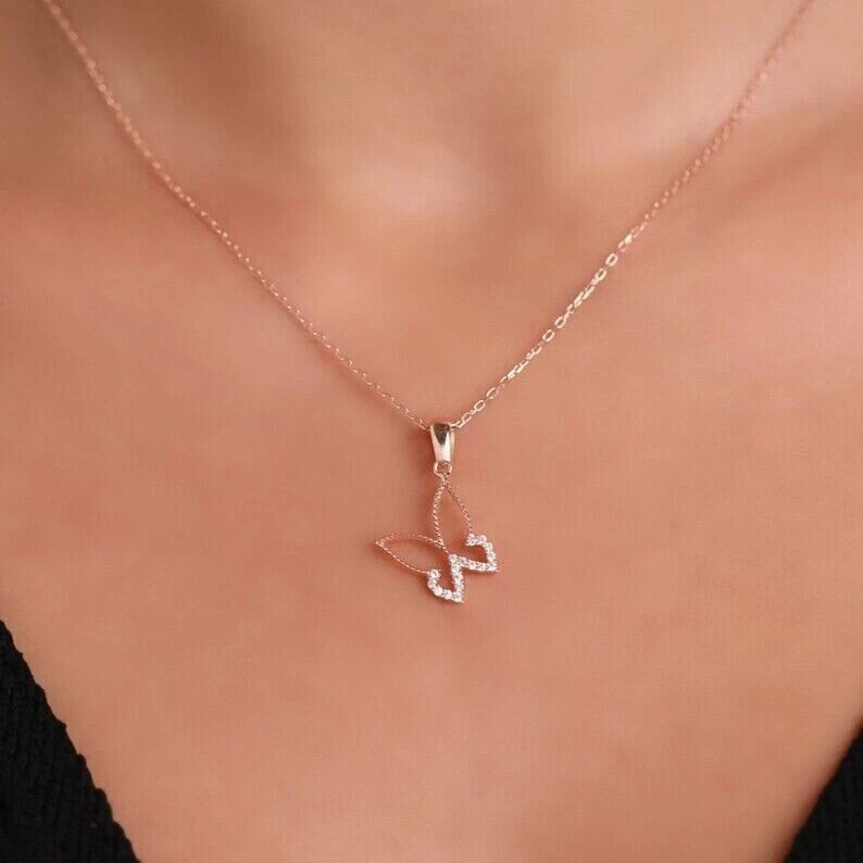 Women Butterfly Pendant Necklace Round Simulated Diamond 14K Yellow Gold Plated