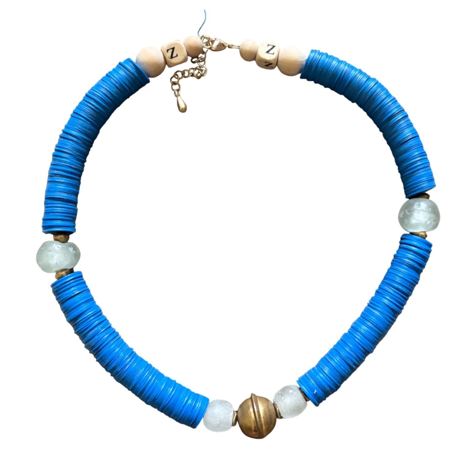 Blue Heishi Bead Necklace Wood Letter Z Frosted Glass Bell Charm Boho Coastal