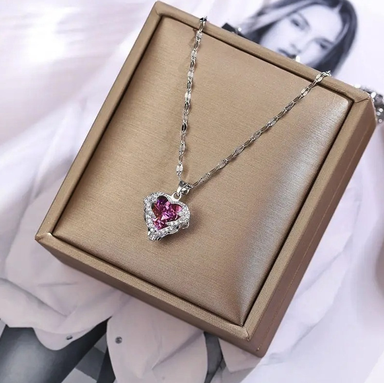 1pc Colorful Crystal Ocean Heart Necklace Women Stainless Steel Chain – NEW