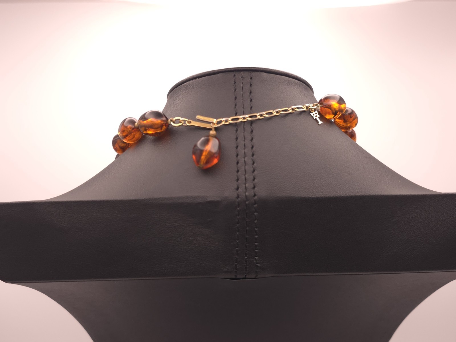 Vintage Trifari Faux Amber Lucite Beaded Choker Necklace Adjustable Hook