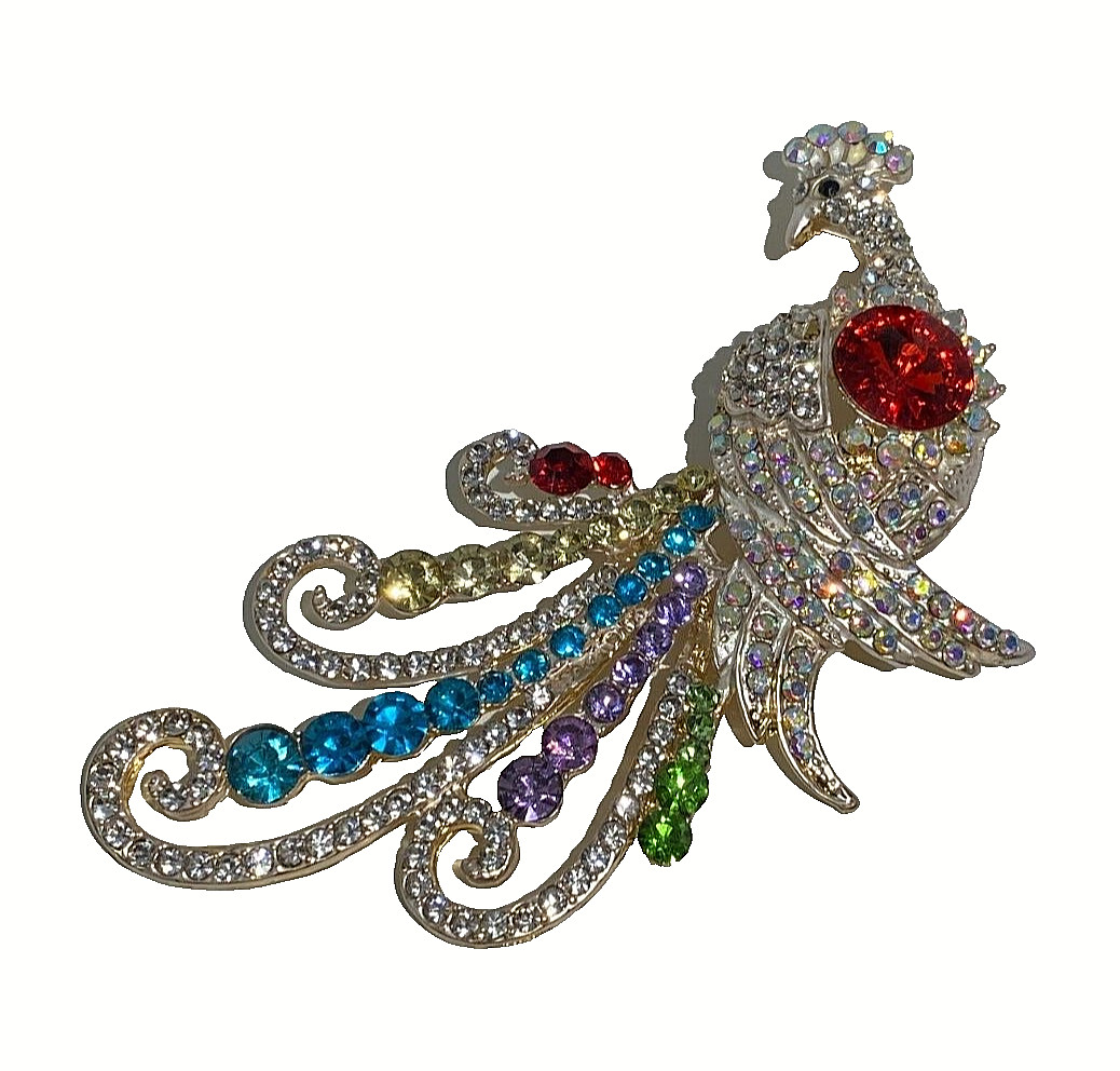BETSEY JOHNSON GOLD PEACOCK MULTI COLOR CRYSTALS & RHINESTONES PIN PENDANT NECK