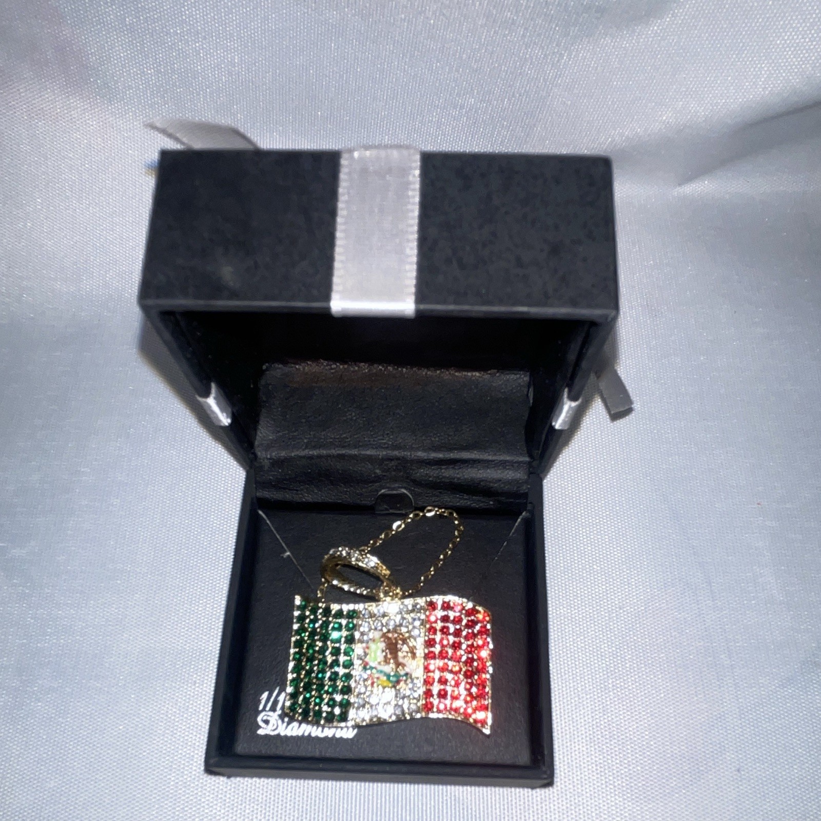 Multicolor Mexican Flag Pavé Charm Pendant Metal Cable Chain Necklace