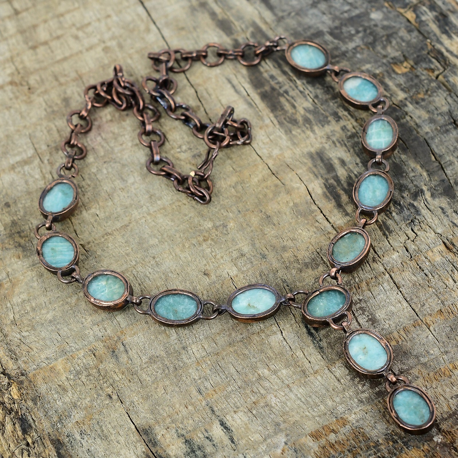 Valentines Deal Copper Amazonite Gemstone Chain Electroformed Necklace Jewelry