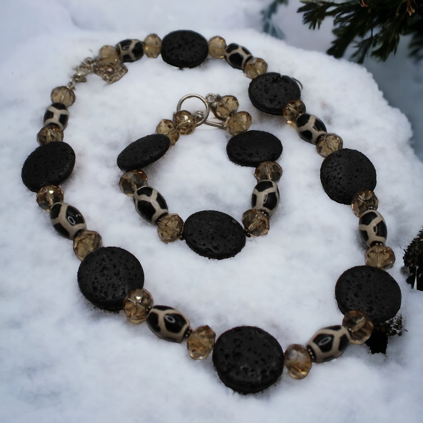 Donna Dressler Black and White Lava Rock Beaded 925 Silver Necklace Bracelet