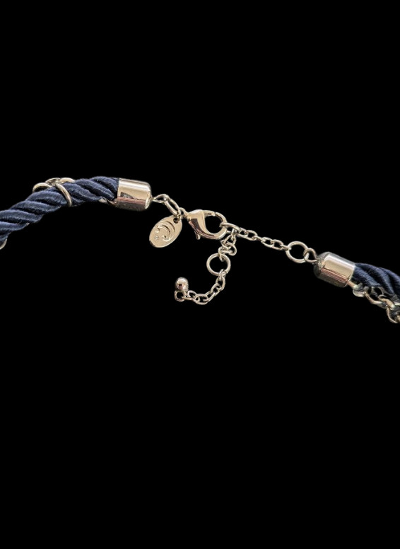 Nautical Navy Blue Braided Rope Necklace Silver Tone Anchor Shell Charms Signed