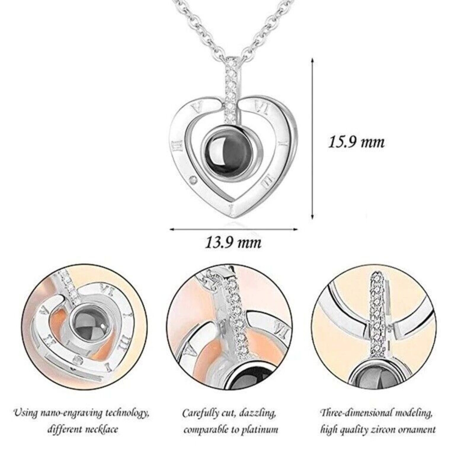 Heart Necklace I LOVE YOU in 100 Languages Projection Heart Silver Plated Love
