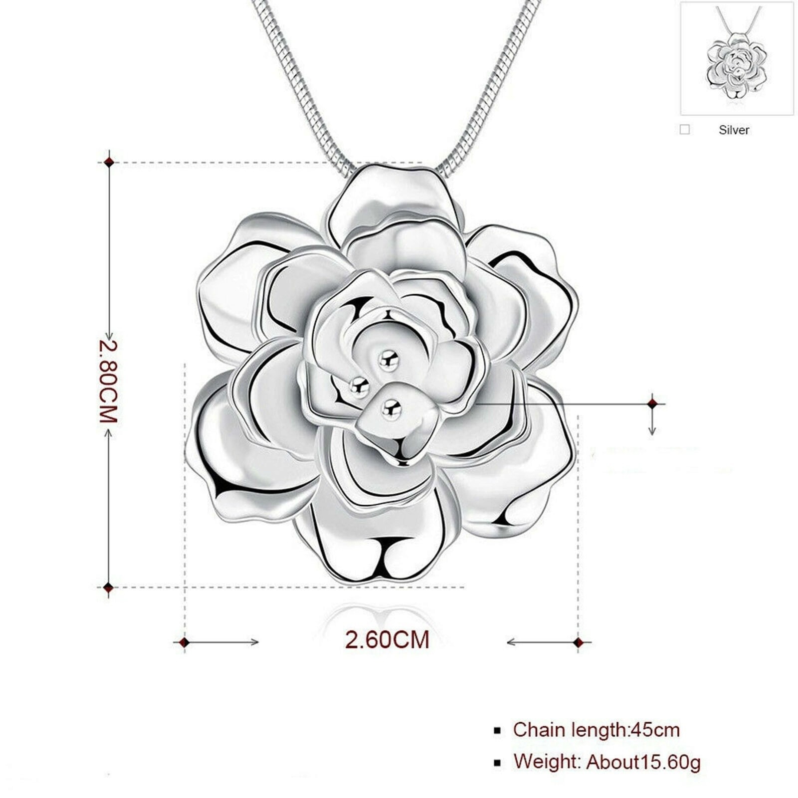 Rose Flower 925 Sterling Silver Plated Pendant Necklace Choker Women C16