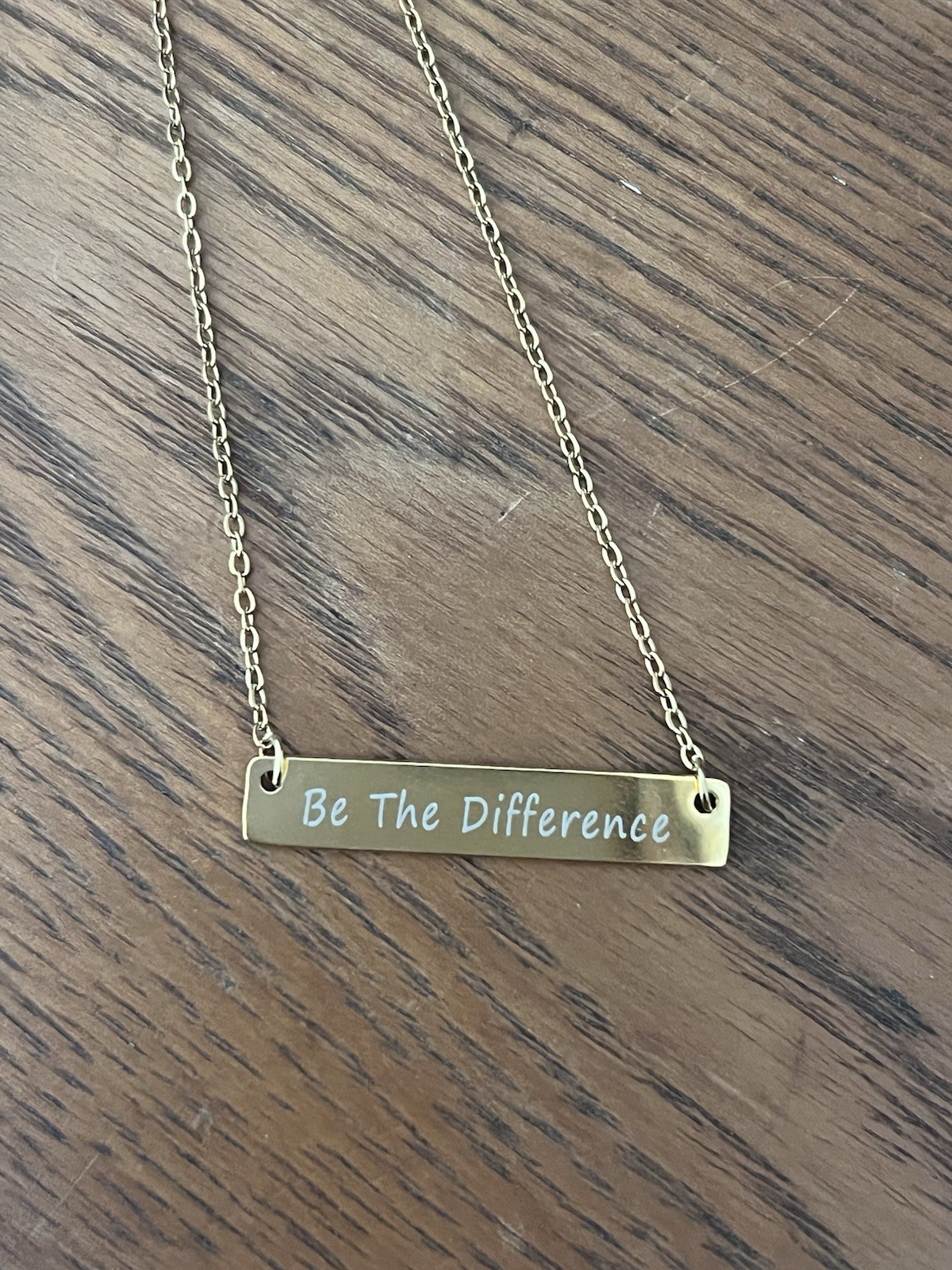 Gold Tone Engraved “Be The Difference” Bar Pendant Necklace, Cable Chain