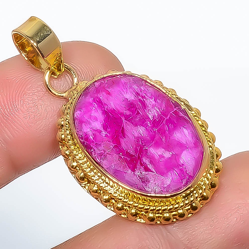 Ruby (Lab-Created) Gemstone 925 Silver Gold Plated Pendant 1.56″ P7622-255