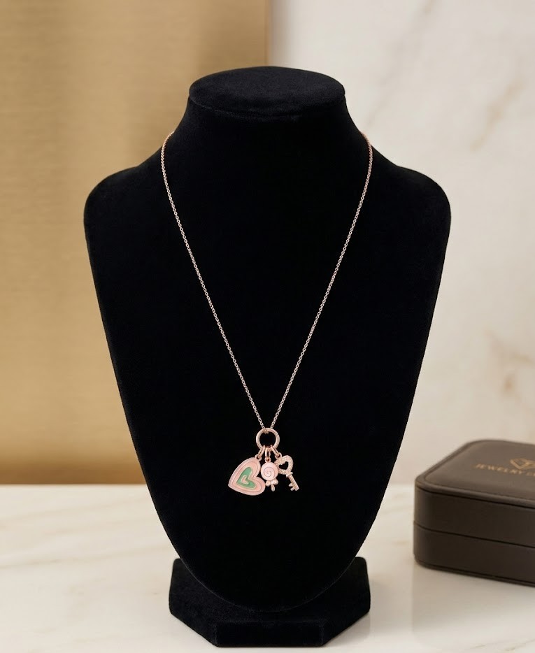 Delicate Enamel Heart Key Lollipop Style Venetian Box Chain Necklace