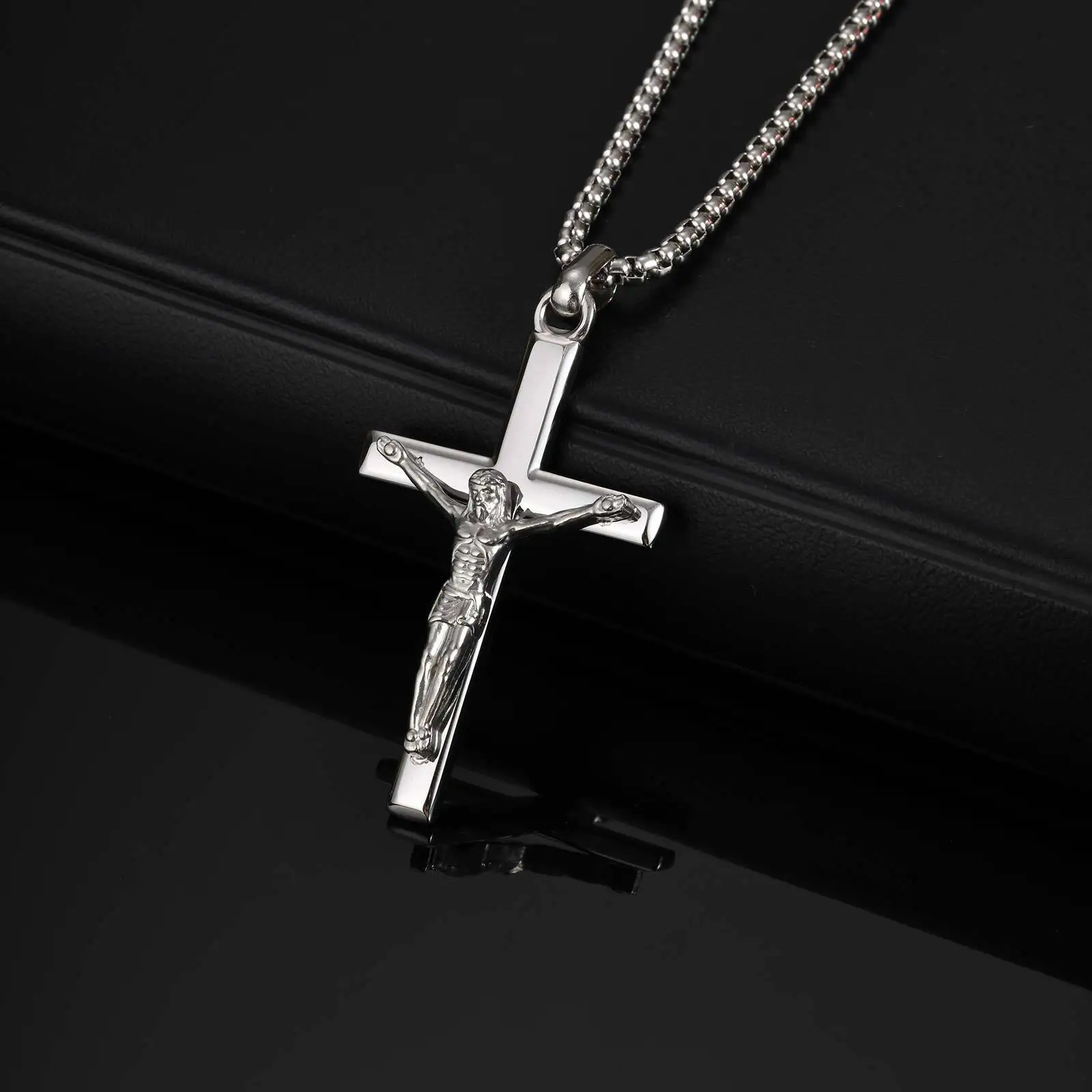 Waterproof Crucifix Cross Necklace for Men Boys,Stainless Steel Catholic Cross P
