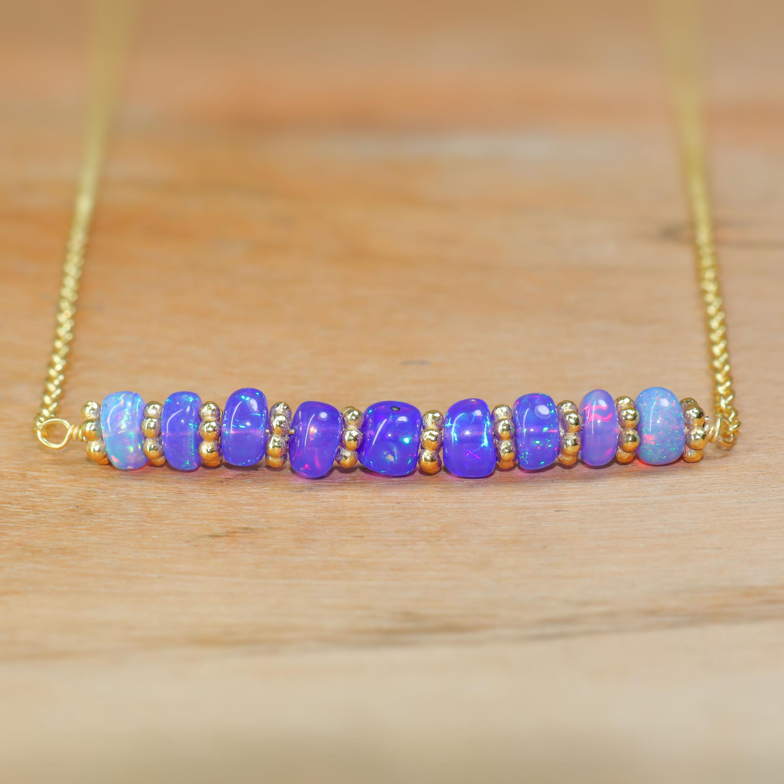 Lavender Fire Opal Bar Necklace, Natural fire Opal Gemstone Gold Chain Necklace