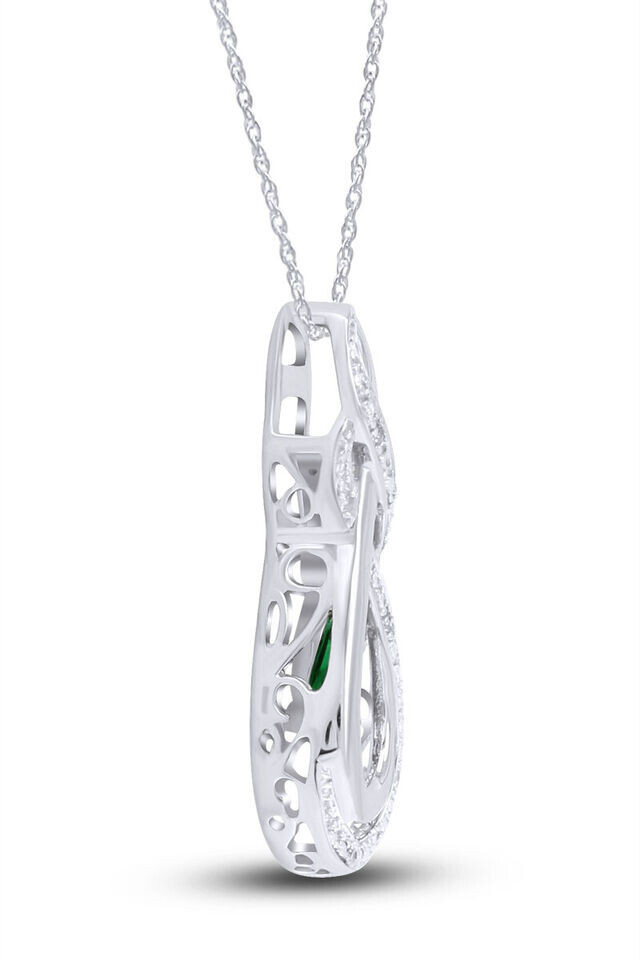 1/4 Ct Natural Diamond & Simulated Emerald Teardrop Pendant Necklace 925 Silver